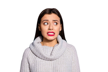 Photo of scared lady listening blaming her teacher wear warm knitted pullover isolated blue background