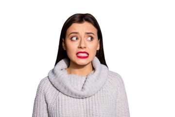 Photo of scared lady listening blaming her teacher wear warm knitted pullover isolated blue background