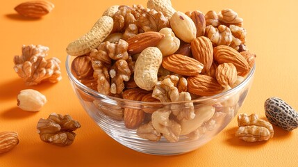 Fototapeta premium An artistic depiction of a clear glass bowl brimming with various mixed nuts, positioned on a bright, monochromatic backdrop. The gleaming surfaces of the nuts, coupled with sharp contrasts in colors
