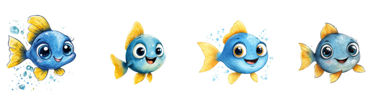 set of cute blue fish cartoon character vector illustration on a white background