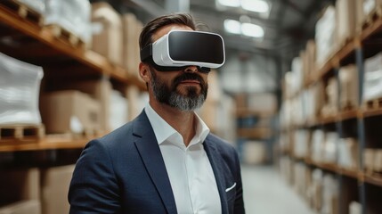 Obraz premium A man wearing a suit and glasses is wearing a virtual reality headset