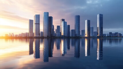 Fototapeta premium Sunrise cityscape skyline reflected in calm water