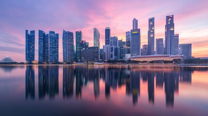 Fototapeta premium Twilight cityscape with reflection in water