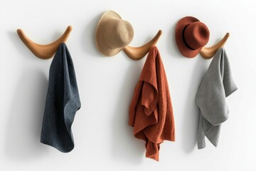 Wooden wall hooks hold hats and clothing.