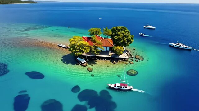 a small, rustic house with a red-tiled roof with a small white motorboat is anchored in the shallow, crystal-clear water, with its shadow cast on the sandy bottom