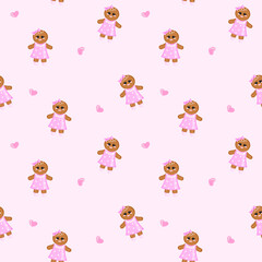 This seamless pattern features cute gingerbread girls in pink polka dot dresses and bows, set against a soft pink background with scattered heart accents. Perfect for festive or sweet-themed designs.