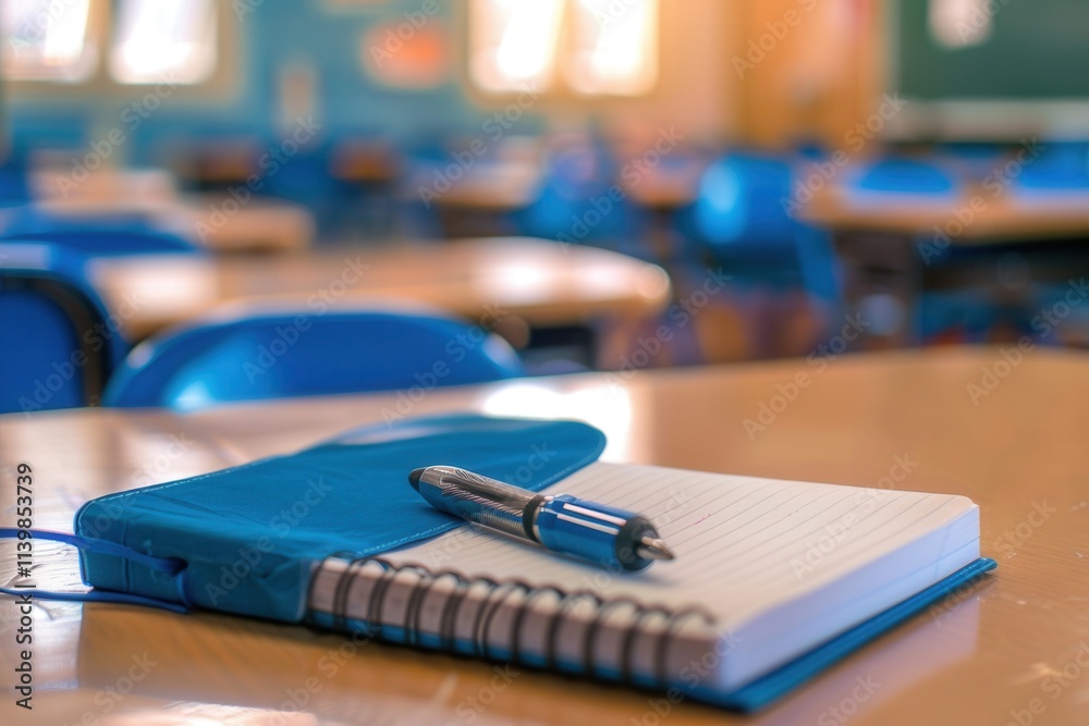 Fototapete notebook and pen resting on a desk in a modern classroom filled with bright orange chairs during a s