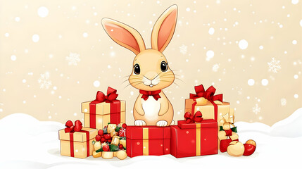 Cute cartoon bunny surrounded by Christmas presents in snowy landscape.