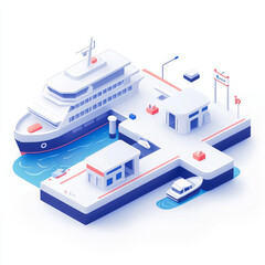 minimal isometric icon depicting ferry terminal with boats and water