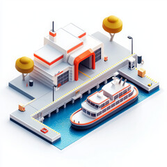 minimal isometric icon depicting ferry terminal with boat