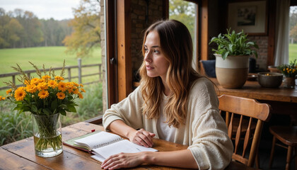Young Woman Journaling at a Rustic Wooden Table with Fresh Flowers in a Vase, Set Amidst a Peaceful Countryside Atmosphere. A Scene of Creativity and Tranquility.