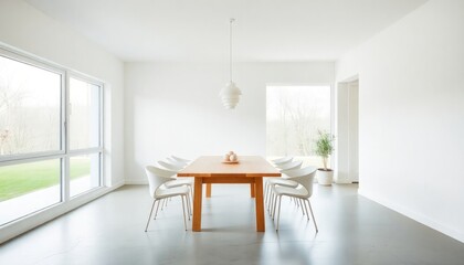 Fototapeta premium Minimalist Style - Dining Room Interior Design With Minimalist Concept - Hotel Dining Room - Apartment Dining Room Interior With Table Chairs - Interior Design - Dining Room Minimalist