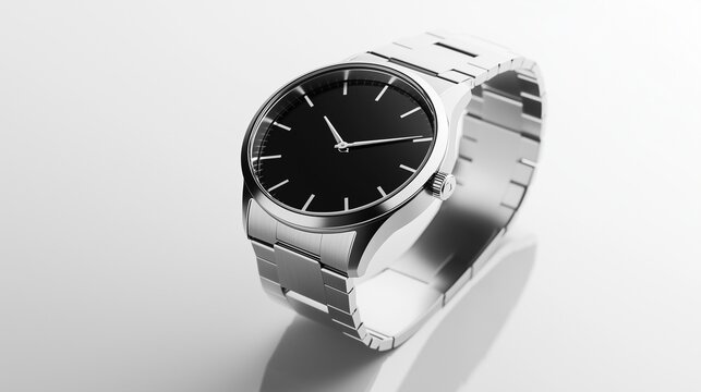 Luxury stainless steel wristwatch with black dial on reflective surface
