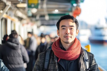Naklejka premium Young Asian man in winter attire standing confidently in crowd.