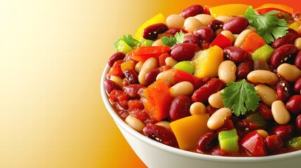 An artistic representation of a chili bowl filled with a colorful mix of beans and peppers, complemented by fresh cilantro, displayed in sharp focus with a dynamic solid color background that