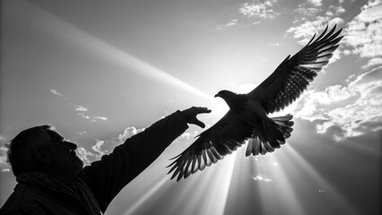 Falconer reaching out to a harris's hawk flying towards him with sunbeams filtering through the clouds in a black and white image, conveying concepts of freedom, trust, and the human animal bond
