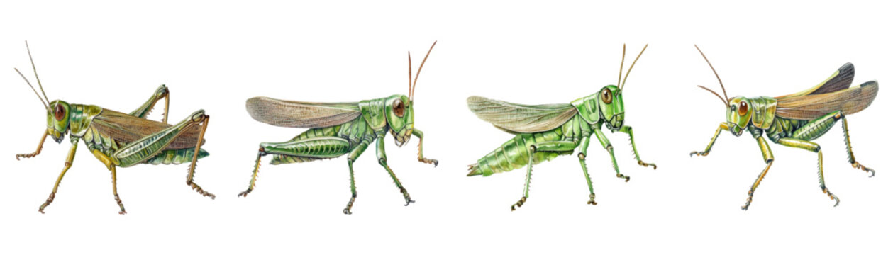 set of Watercolor grasshopper clipart, white background