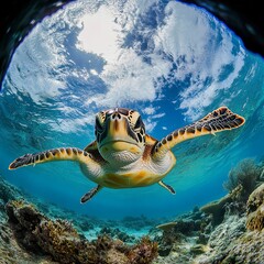 Obraz premium vibrant underwater photo of a turtle swimming