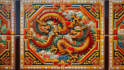 Fototapeta premium Tile Chinese tiles with geometric patterns and dragon motifs, using vibrant colors like red and gold