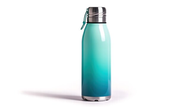 A sleek, insulated water bottle displaying a gradient effect from deep blue to light aqua, set against a minimalist white background that underscores its contemporary design and functionality for