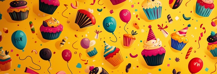 Colorful cupcakes, balloons, and confetti on yellow party background