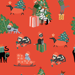 Seamless pattern with Cute cartoon fat cats wearing different Christmas outfits. Hand drawn vector illustration. Funny xmas background.