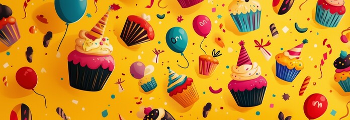 Colorful cupcakes, balloons, and confetti on yellow party background