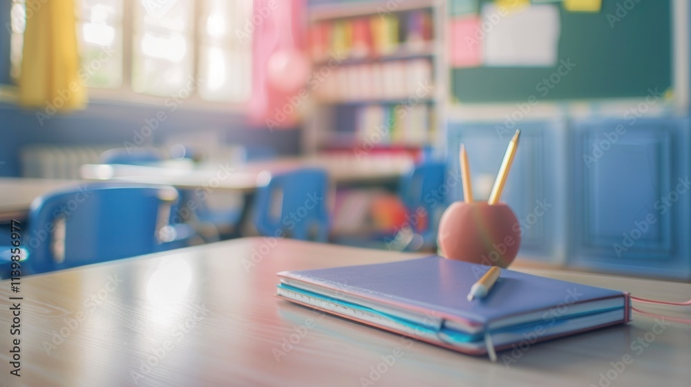 Fototapete notebook and pen resting on a desk in a modern classroom filled with bright orange chairs during a s