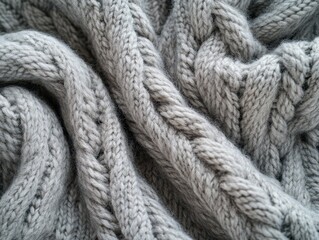 A close-up of a cozy, knitted gray fabric with intricate patterns.