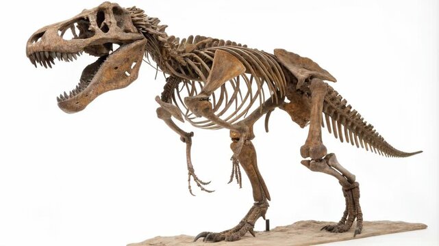 Complete Skeleton of a Tyrannosaurus rex, specifically a Tyrannosaurus rex (T. rex). The skeleton is displayed in a standing position with its mouth open, showcasing its large, sharp teeth., 4k video