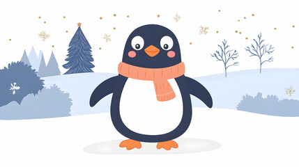Fototapeta premium Cute penguin wearing a scarf in a snowy winter landscape.