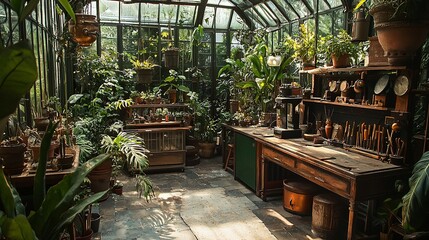 Victorian greenhouse filled with exotic plants and antique tools