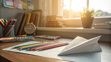 Meticulously crafted paper airplane resting on a desk, surrounded by colored pencils and art supplies, illuminated by warm sunlight, inspiring creativity and playful learning