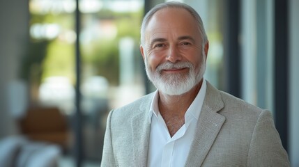 Naklejka premium A man with a white shirt and a gray beard is smiling