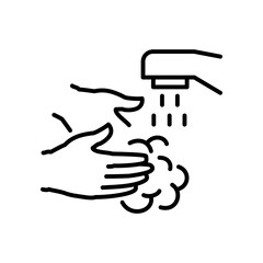 Obraz premium Wash your hands with soap. Hand disinfection, sanitation. Vector graphic sign with editable stroke line. Black line icon.