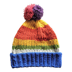 Colorful knitted hat with pom poms home fashion accessory indoor top view creative design