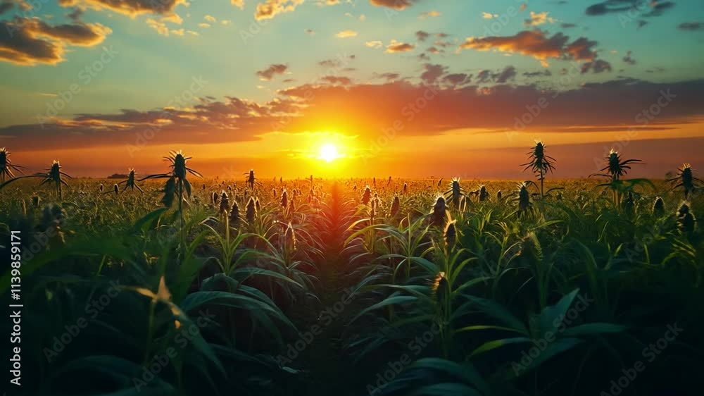 Poster a tranquil sunset illuminates rows of healthy cannabis plants, casting a warm glow across the field 