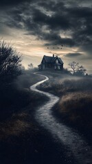 Fototapeta premium 67. A spooky landscape with a winding path leading to a haunted house