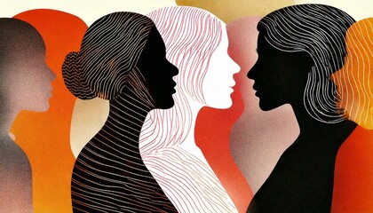 Sylwetki kobiet o różnym kolorze skóry. Risografia,  grafika