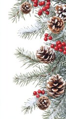 Snowdusted fir branch holiday border with red berries and pine cones