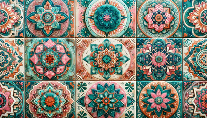 Tile A ceramic patchwork tile texture with bohemian vibes, featuring mandala designs in teal, pink, and o1