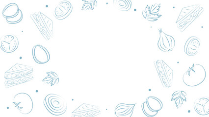 Vector illustration. Background with copy space for text. Pattern of halves, slices and rings of onion, tomatoes; sandwich. Sketch style. Hand drawn kitchen ingredients template for culinary themes.