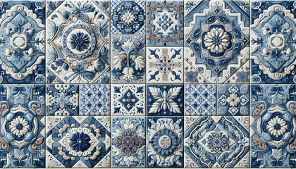 Fototapeta premium Tile A ceramic patchwork tile texture featuring intricate floral and geometric patterns in blue and white4