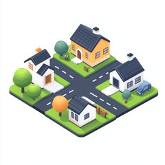 minimal isometric icon illustrating small village with houses and trees