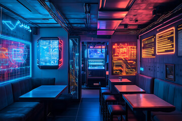 Fototapeta premium Cozy Futuristic Cyberpunk Coffee Shop with Neon Lights and Sci-Fi Aesthetics