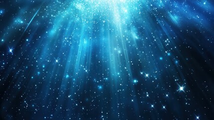 A cosmic scene with radiant blue light beams and sparkling stars.