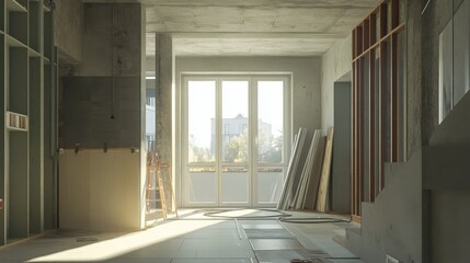Fototapeta premium Apartment Under Construction Sunlight Through Window