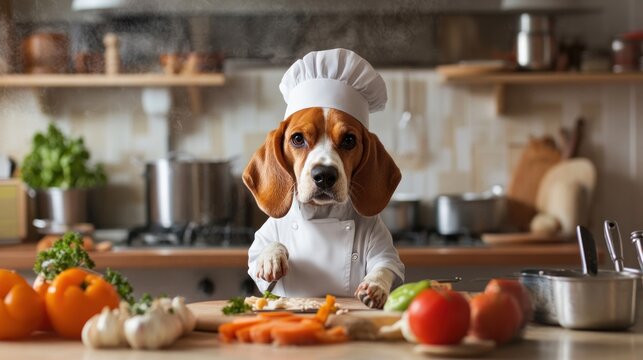 Beagle dog chef in a kitchen, chopping vegetables for a meal.