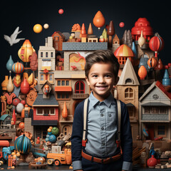 Young boy is standing in front of a colorful paper wall with flowers and buildings.