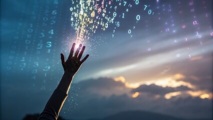 Hand reaches towards a stream of colorful binary code against a dramatic sunset sky, symbolizing the pursuit of digital innovation and the boundless possibilities of technology